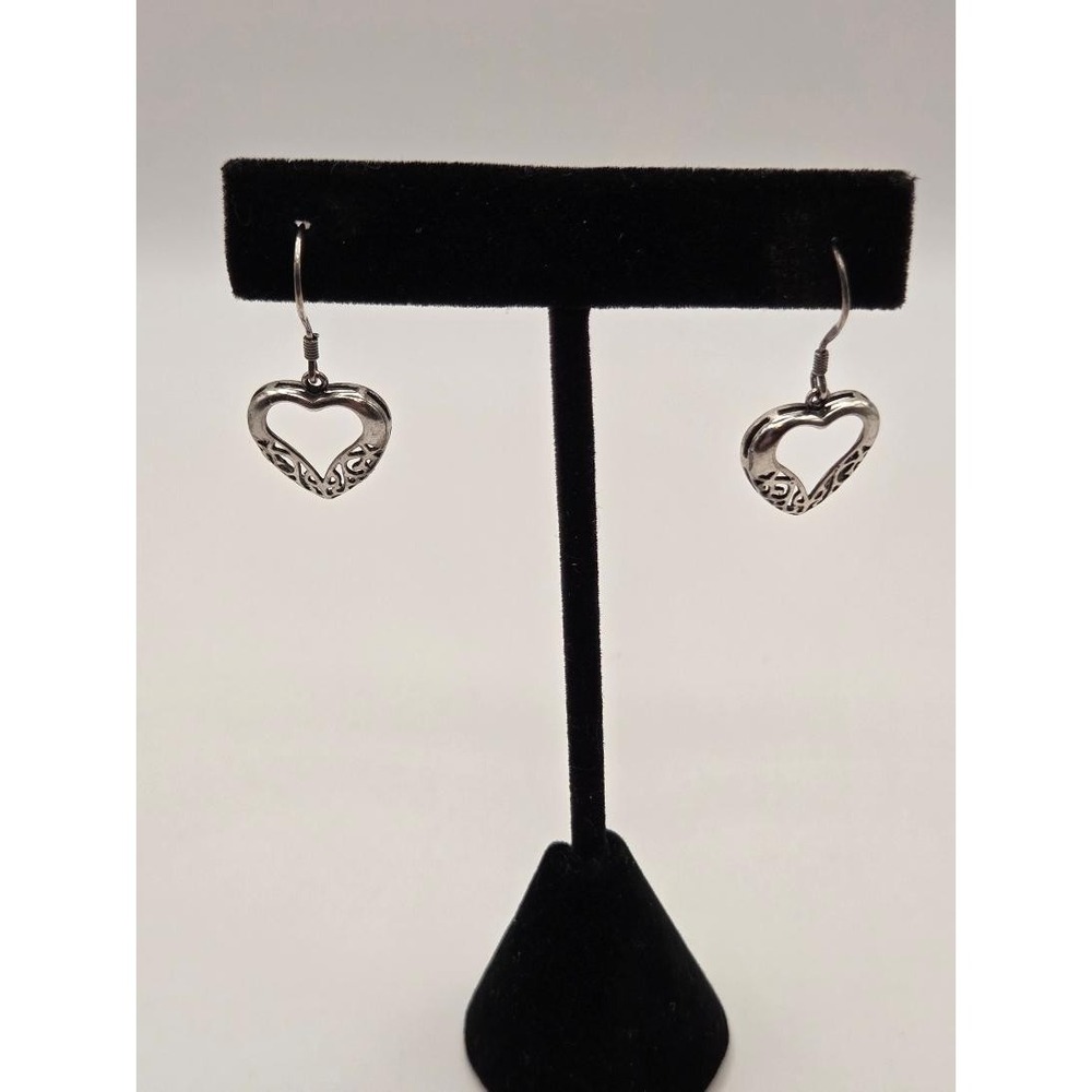 Vintage 925 Sterling Silver Filigree Heart Dangle Earrings Open Scroll Drop